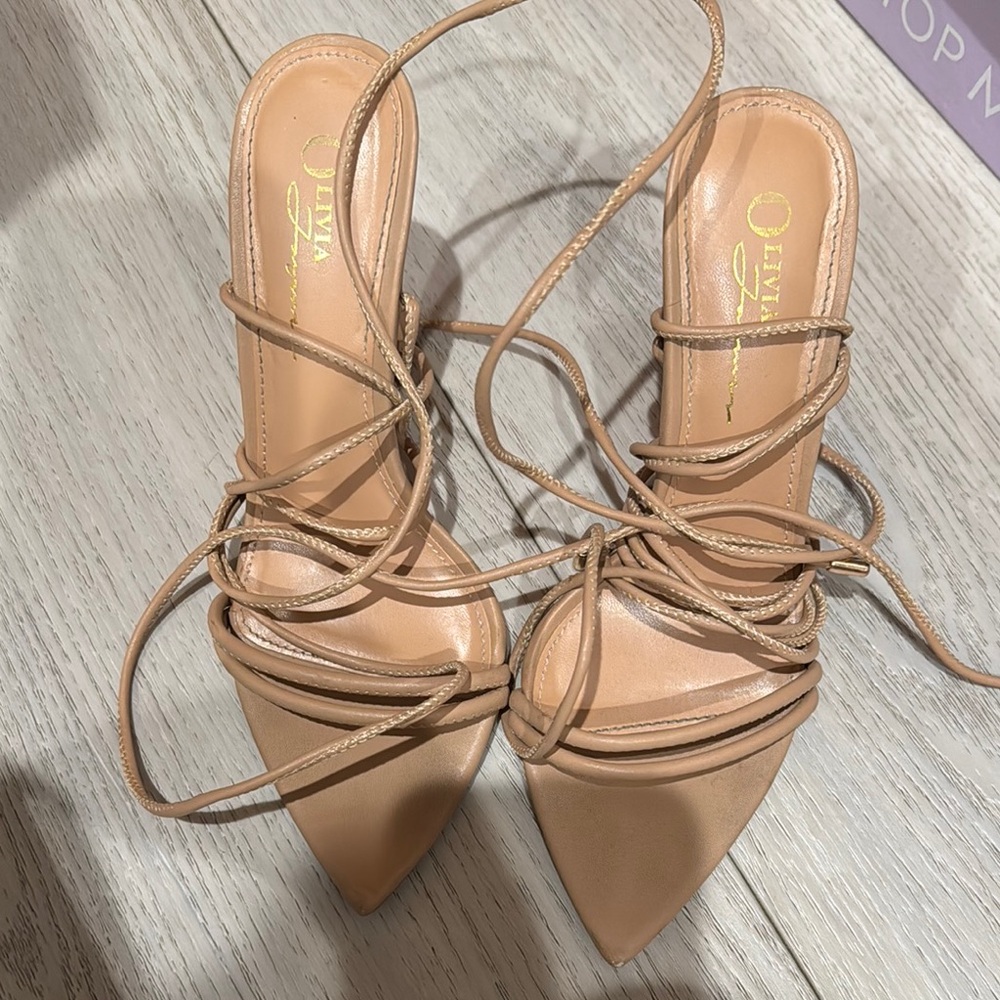 Tan Lace-Up Pointed Toe Heels